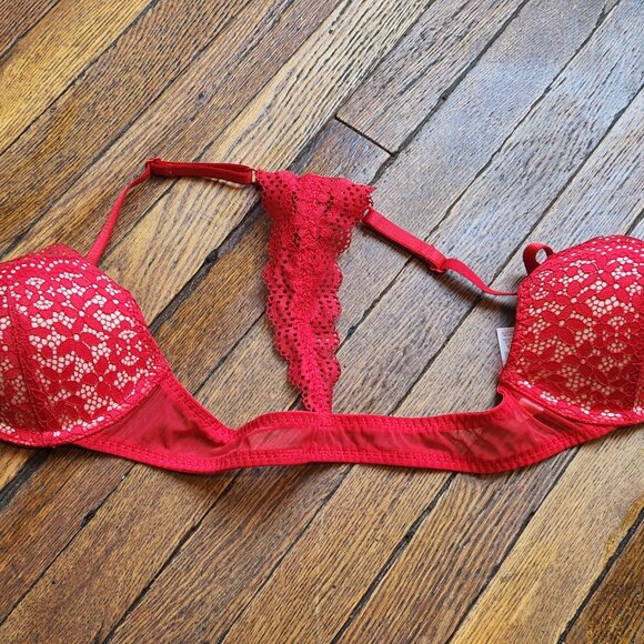 Women's 32A XHILARATION red lace underwire lined front claps racerback bra - Picture 6 of 6